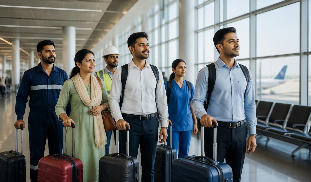 Workers with luggage at an airport departure gate ready for overseas employment