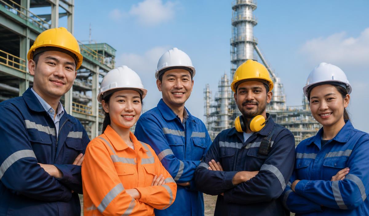 Skilled workers in safety helmets ready for overseas employment